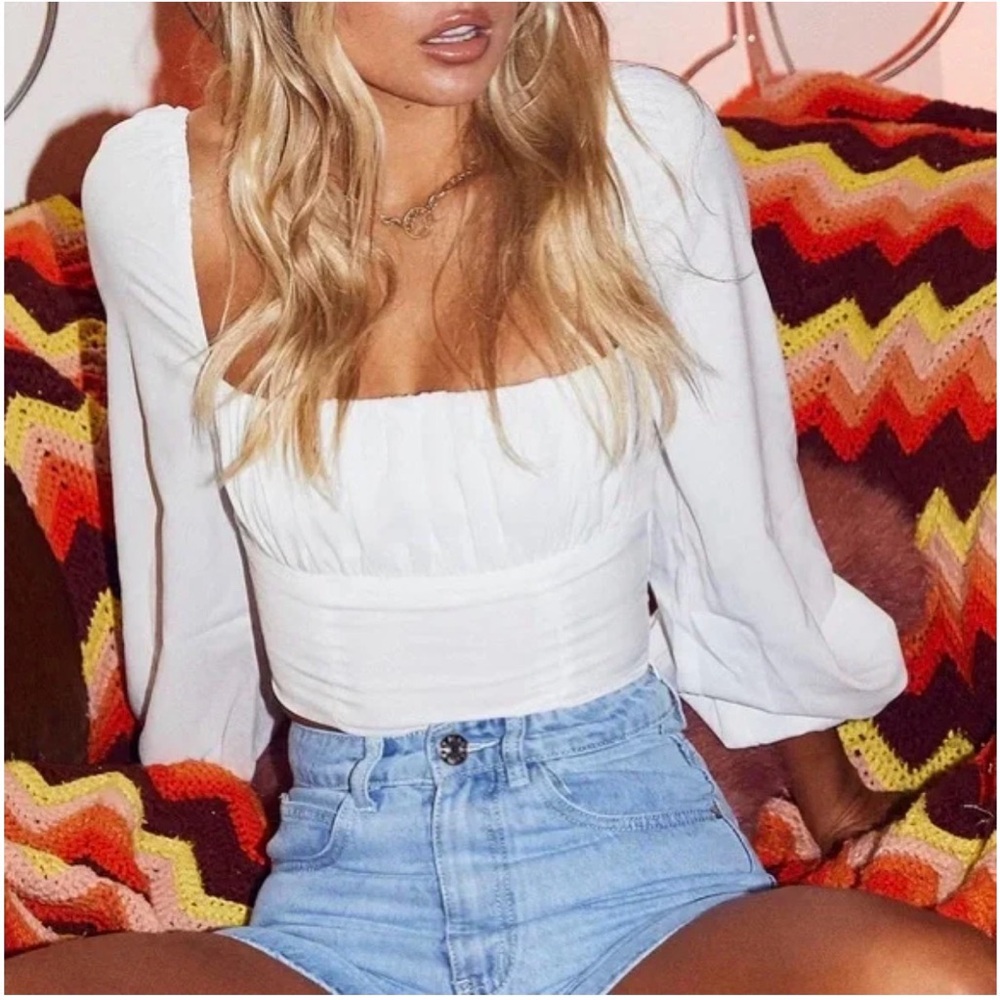 Princess Polly Ariah White long puff sleeve cropped elegant Top
